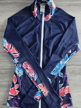 Tommy Bahama XS Navy Rash Guard Full Zip Tropical Accents Activewear